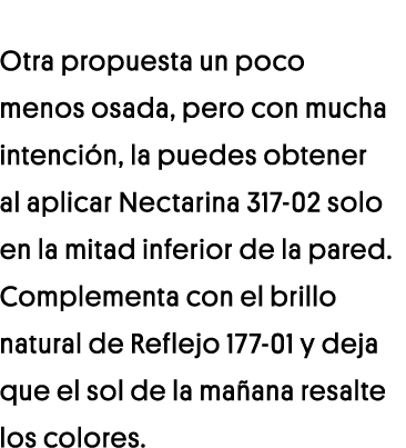 Otra propuesta un poco menos osada, pero con mucha intención, la puedes obtener al aplicar Nectarina 317-02 solo en l   