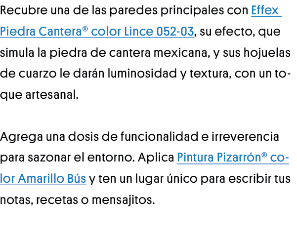 Recubre una de las paredes principales con Effex Piedra Cantera color Lince 052-03, su efecto, que simula la piedra d   